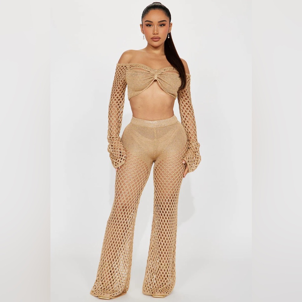 Fashion nova - Book A Flight Sequin Crochet Pant Set - Gold